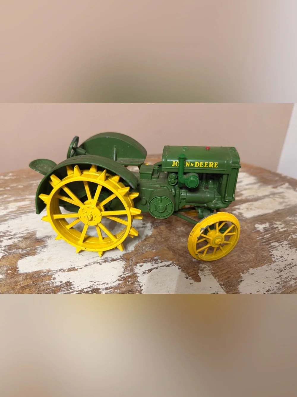 John Deere Green and Yellow Cast Metal Tractor Toy with Spoked Wheels